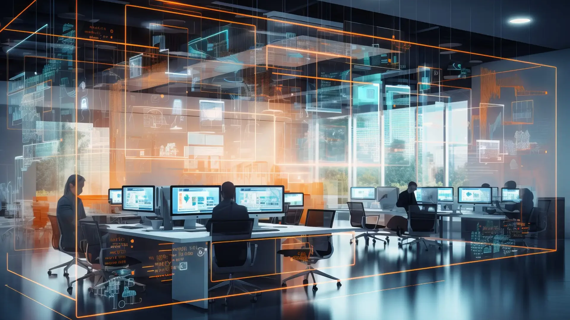 Modern neon cyberpunk open space office interior blurred with information technology overlay. Corporate strategy for finance, operations, marketing. Generative AI technology